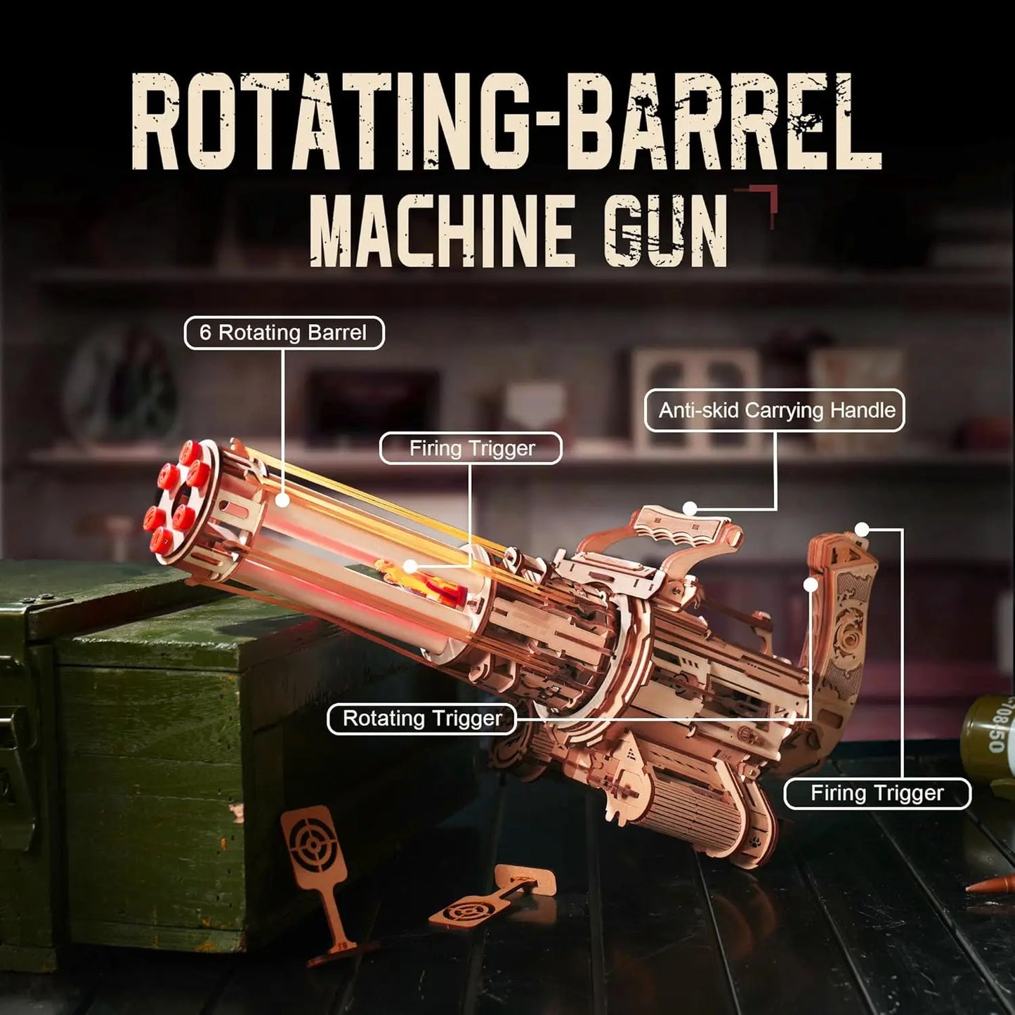 Robotime Rokr Rotating-Barrel Machine Gun Toy 3D Wooden Model Kits with Rubber Bands Build Mechanical Building for Adults
