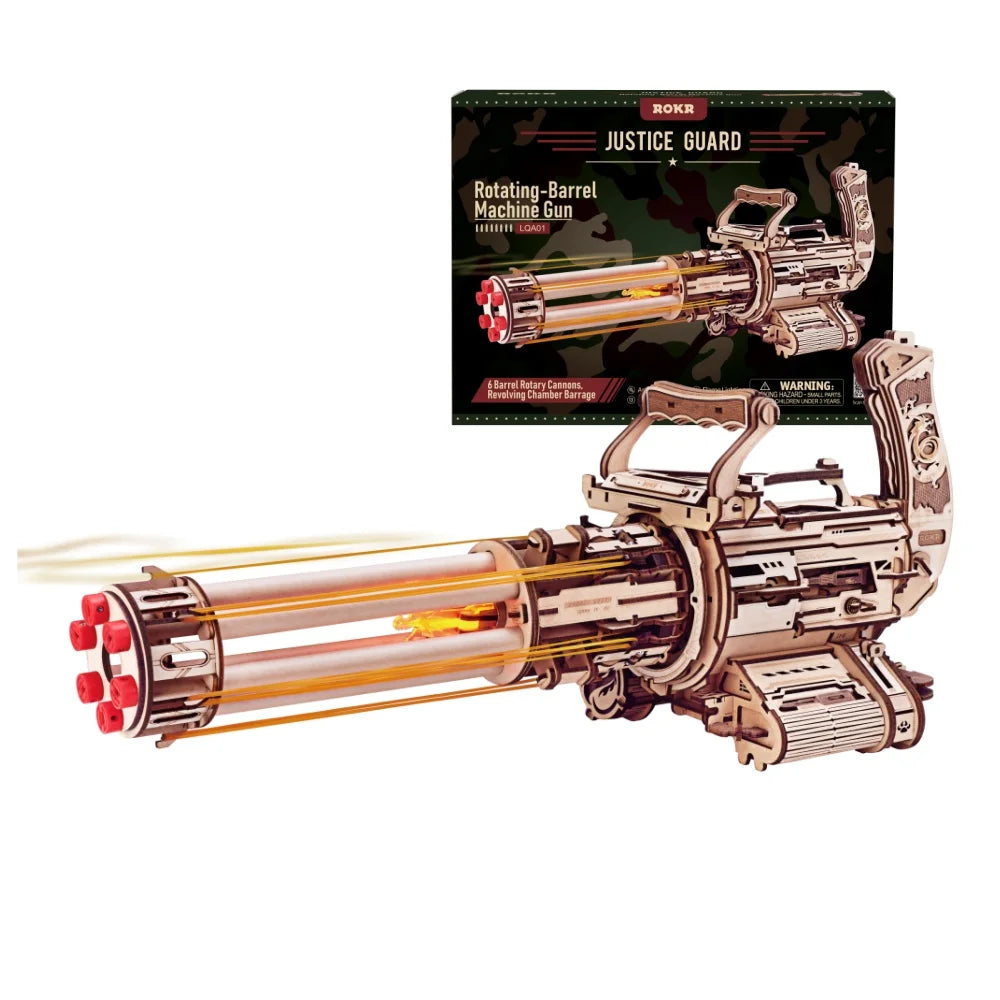 Robotime Rokr Rotating-Barrel Machine Gun Toy Model Building Kit Cool Toys Hobbies 3D Wooden Puzzle for Men Women LQA01