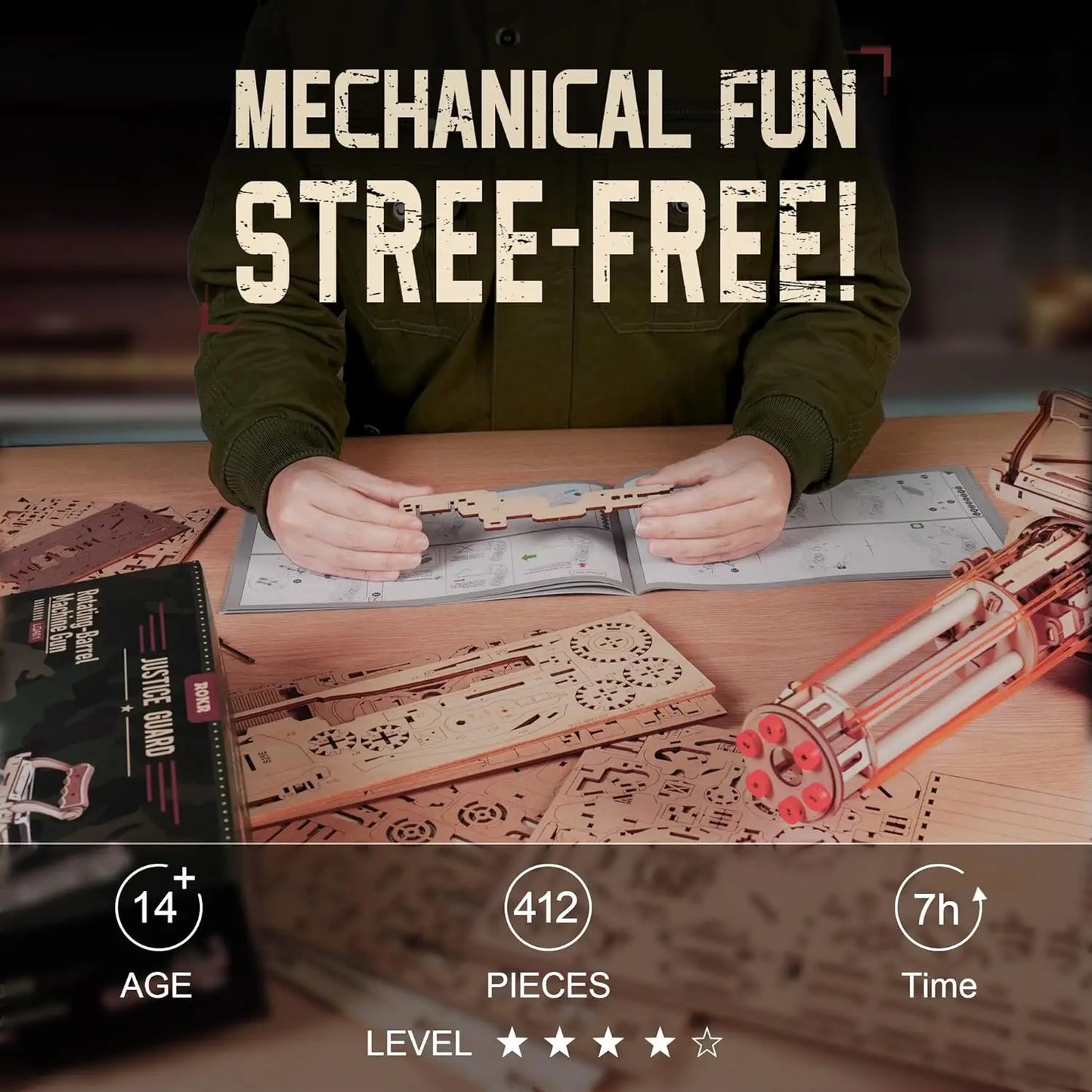 Robotime Rokr Rotating-Barrel Machine Gun Toy Model Building Kit Cool Toys Hobbies 3D Wooden Puzzle for Men Women LQA01