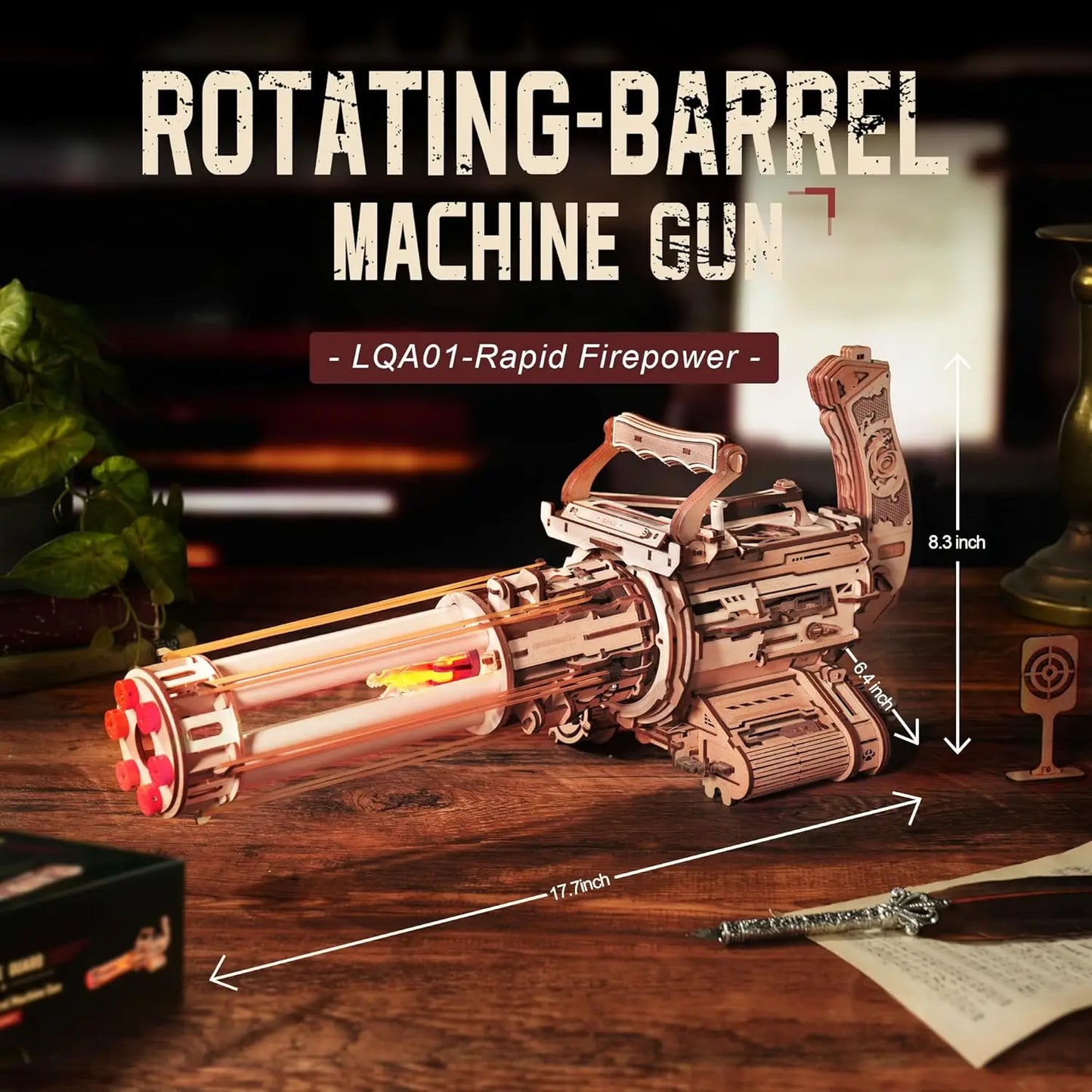 Robotime Rokr Rotating-Barrel Machine Gun Toy Model Building Kit Cool Toys Hobbies 3D Wooden Puzzle for Men Women LQA01