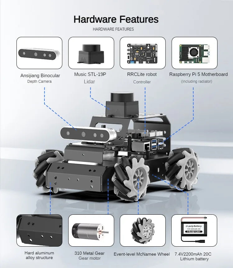 ROS2 Mecanum Wheel RC Car with Depth Camera Radar HUMBLE SLAM and Autonomous Driving For Raspberry Pi 5 Programmable Robot Car