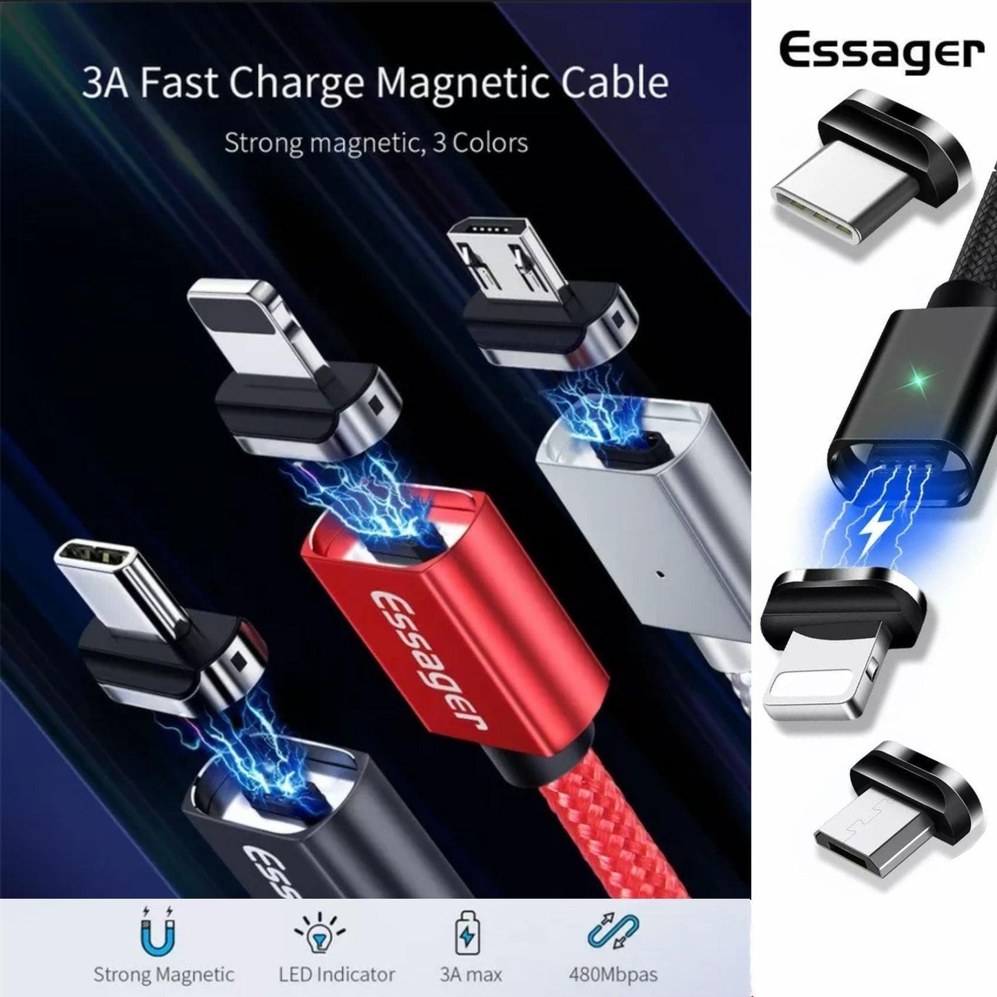Red Essager Magnetic Fast Charging Data Usb Cable For Micro Type C Iphone-0